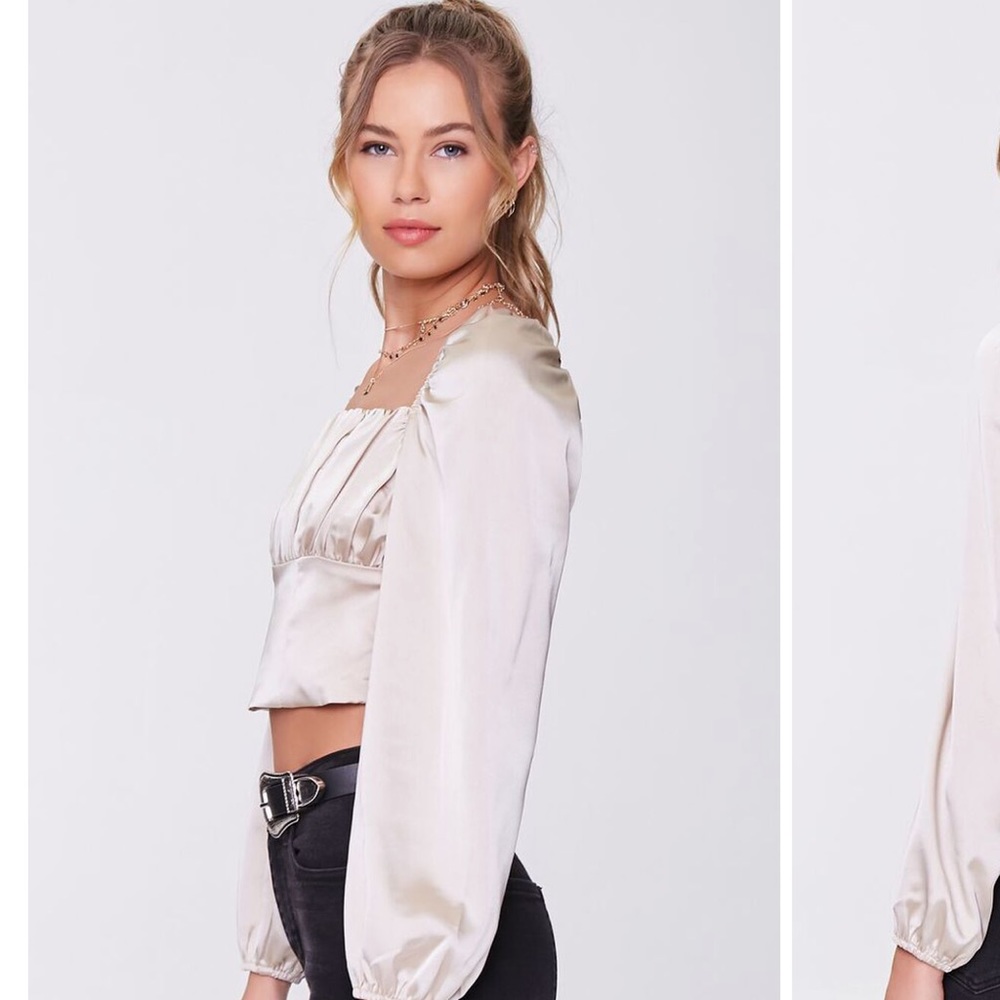 Forever 21 nwt champagne sold out crop top pintucked peasant small shirt satin